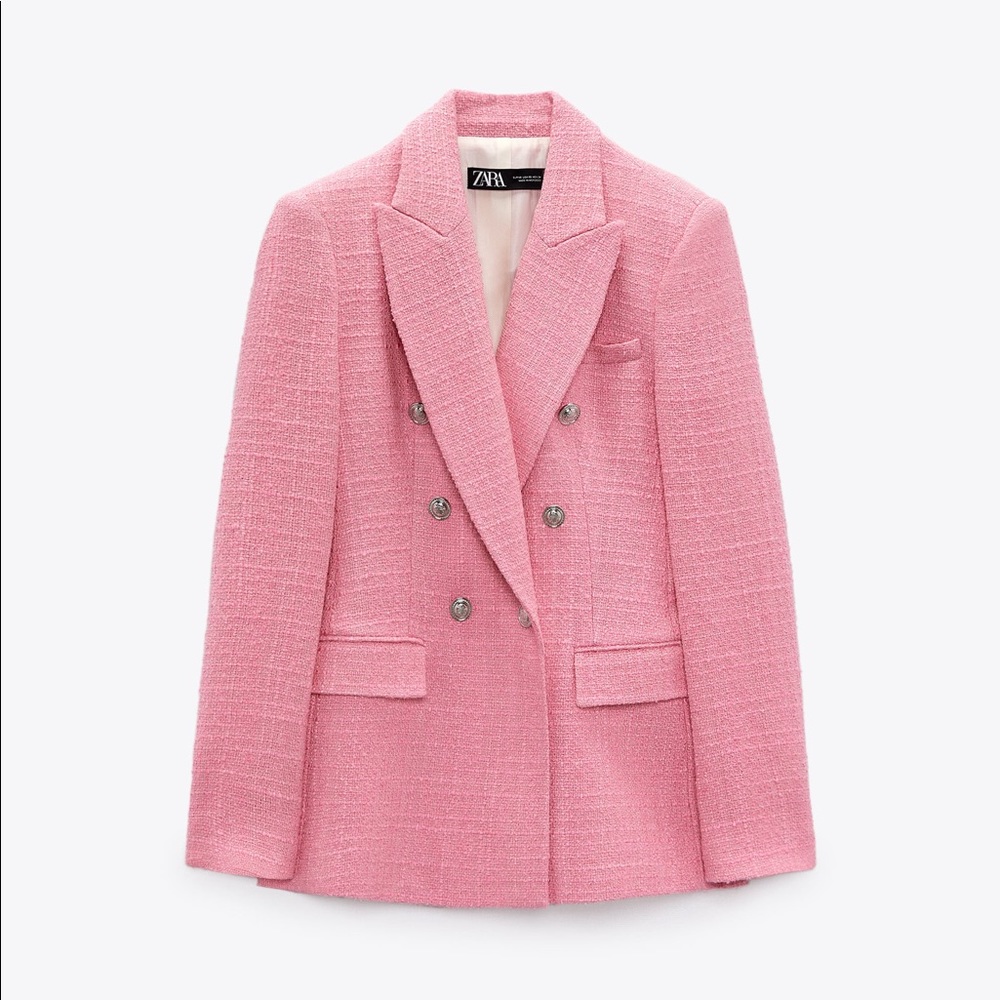 Zara Double Breasted Textured Weave Jacket in Pink